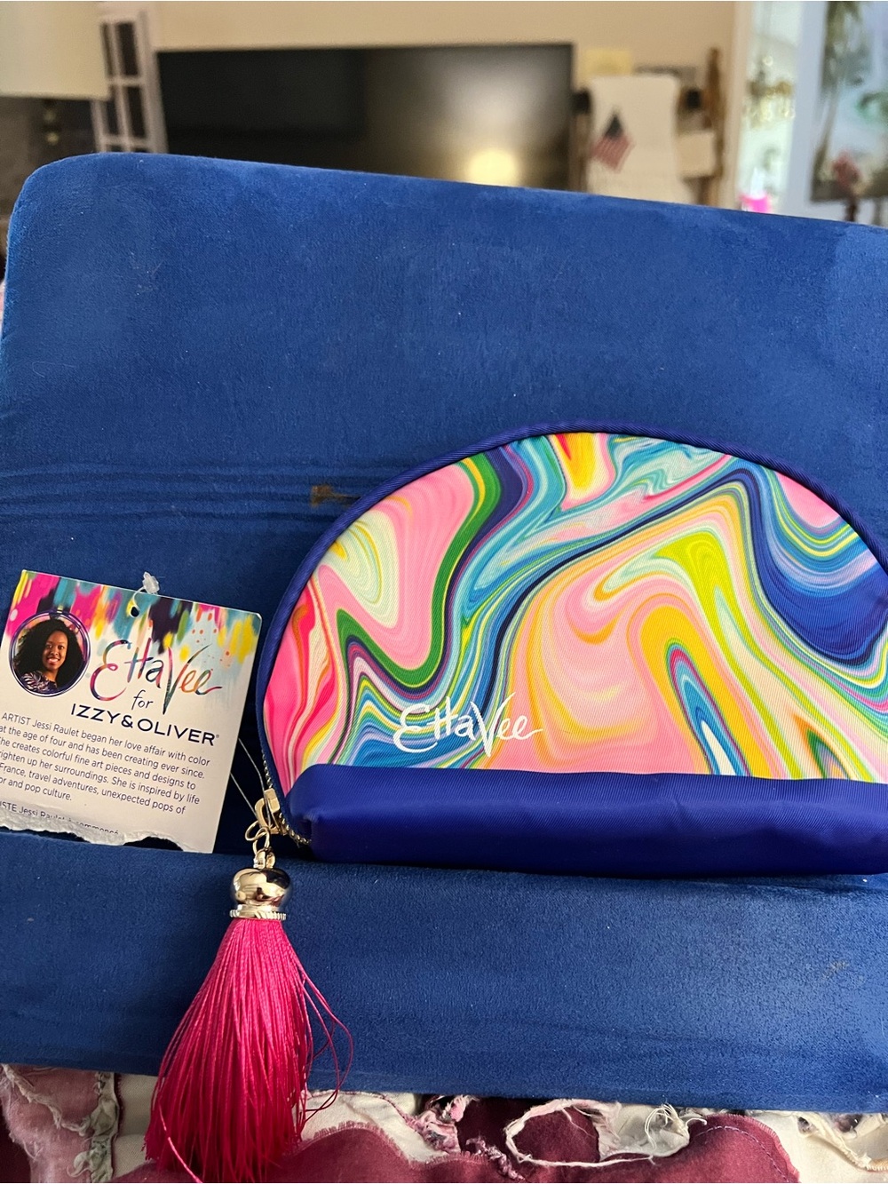 Multicolor Swirl Cosmetic Pouch with Hot Pink Tassel